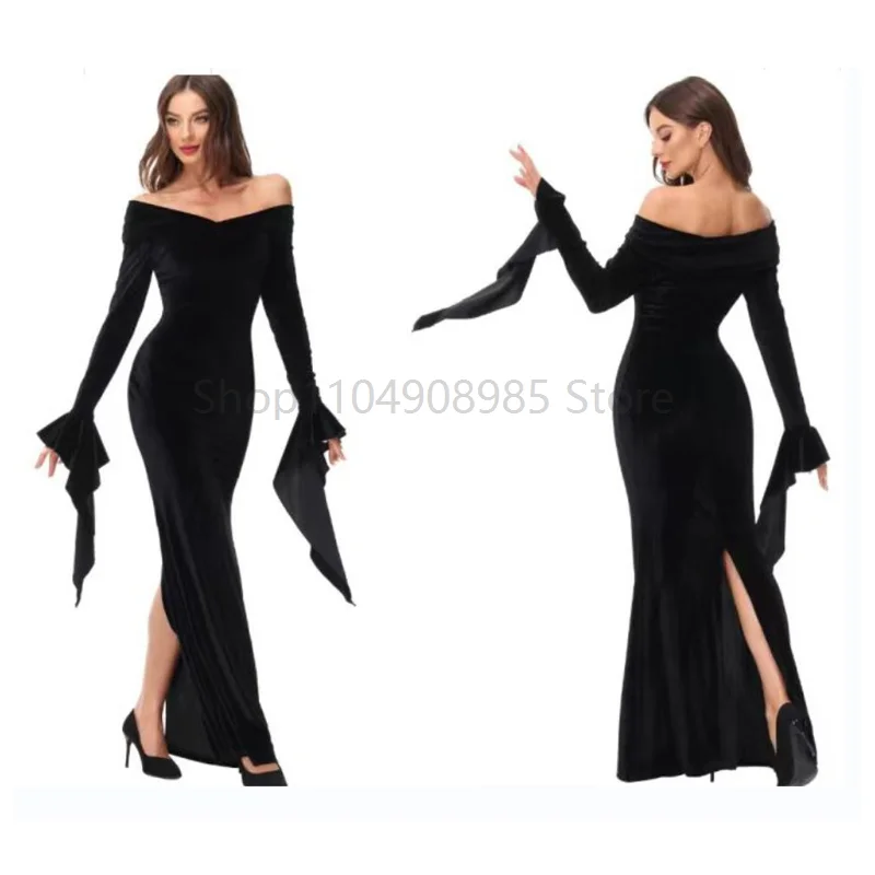 

Party Spicy Girl Sexy Dress Back Slit Cold Shoulder Women Evil Costume Black Retro Gothic Outfit For Adult