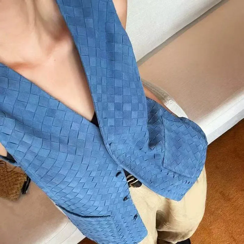 

Genuine Leather Vest Female Blue Goatskin Suede Hand-Woven V-Neck Single-Breasted Casual Gilets Sleeveless Jacket Chaleco Mujer