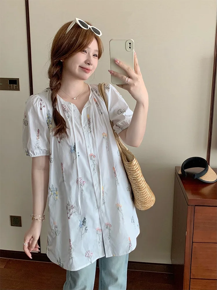 

Кардиган с цветочной вышивкой больших размеров для полных женщин, свободный крой, из смесового хлопка, летняя мода во французском стиле