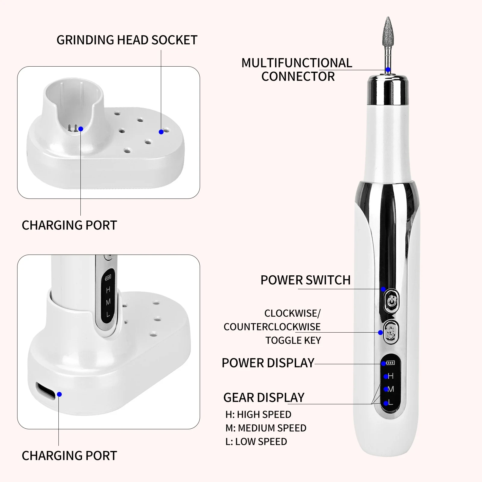 Lime à Ongles Électrique Portable et Rechargeable, Polisseuse Professionnelle, Ensemble d'Accessoires de Manucure, Enlèvement de Verhéritage Gel V