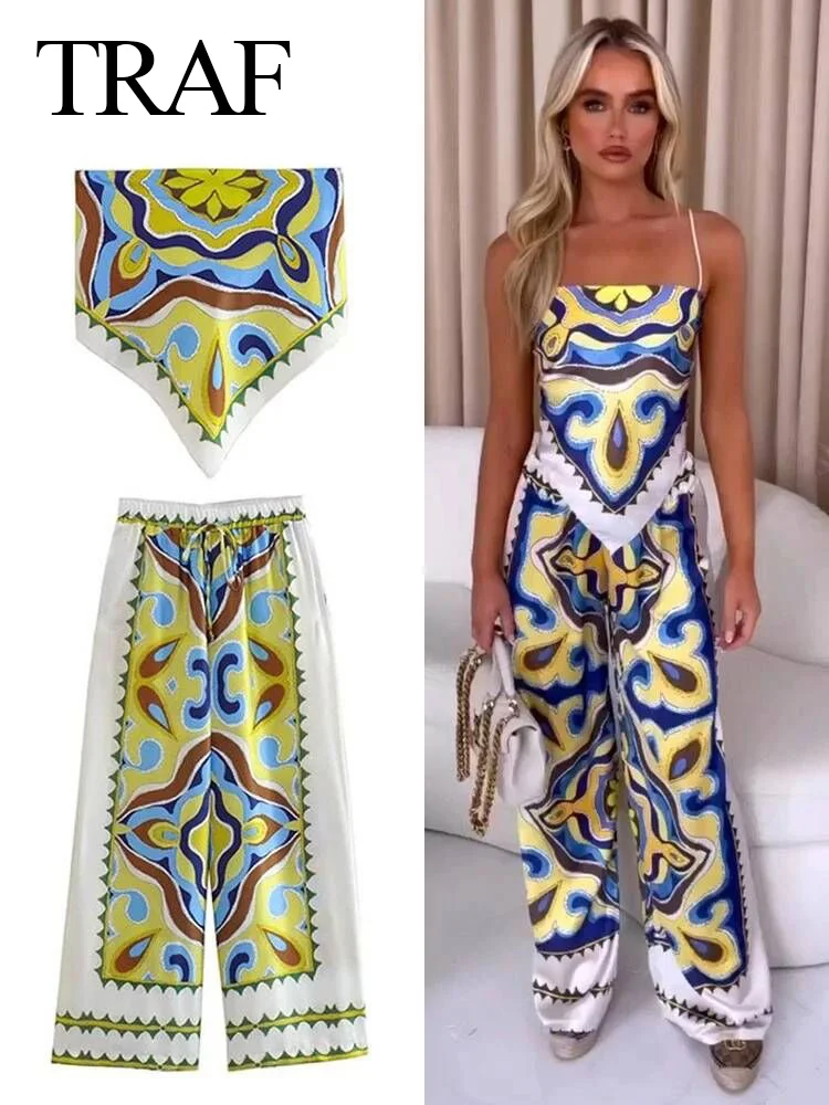 TRAF 2023 Summer Women Fashion Print Blouse Pants Sets Causal Strapless Sling Tops Drawstring Straight Long Trousers Suit