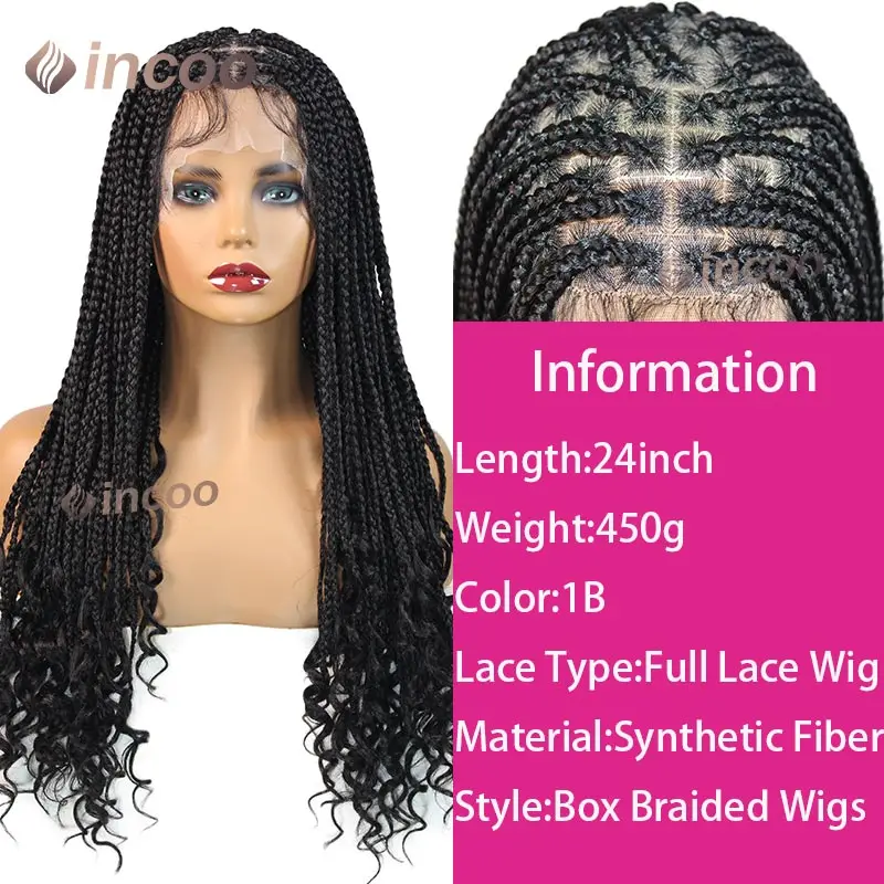 24Inch Full Lace Synthetische Gevlochten Pruiken Knooploze Cornrows Gevlochten Kant Pruik Boho Box Vlechten Pruik Met Krullende Uiteinden Voor Zwarte Vrouw