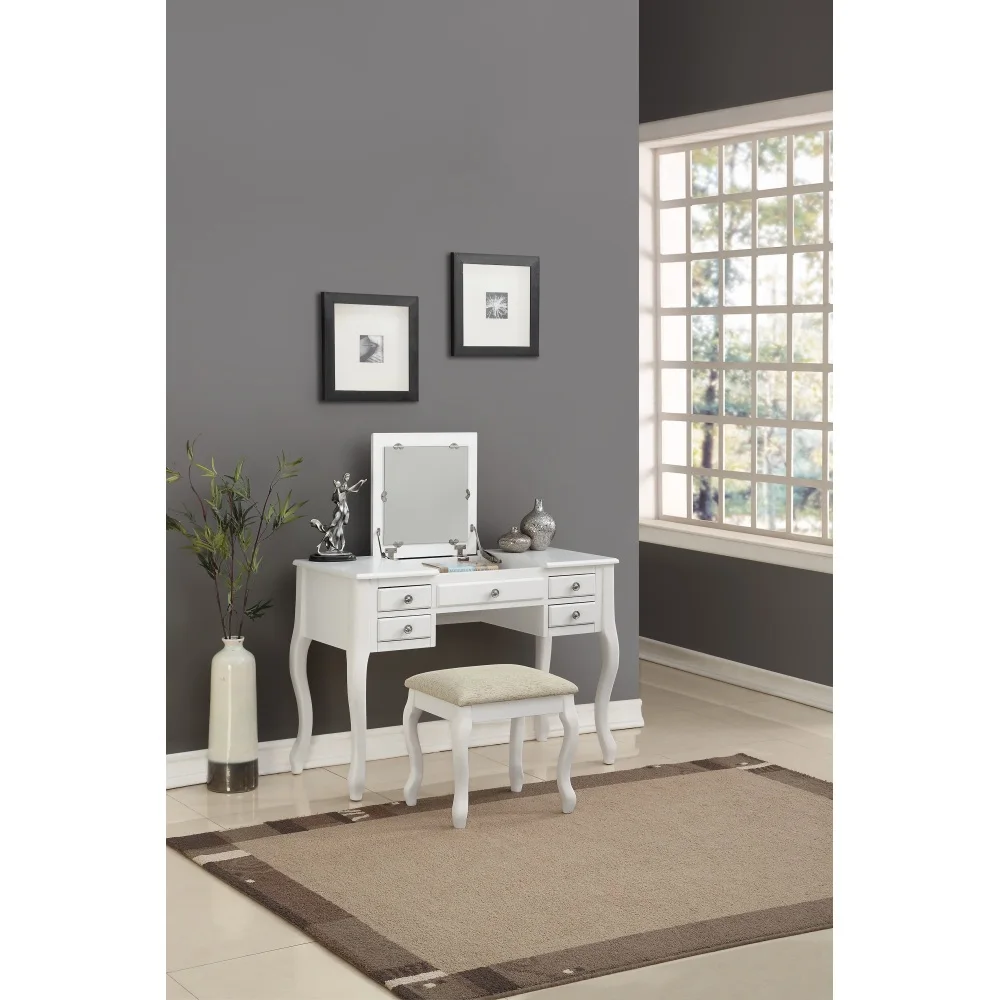 Classic 1pc Vanity Set w Stool White Color Drawers Open-up Mirror Bedroom Furniture Unique Legs Cushion Seat Stool Vanity