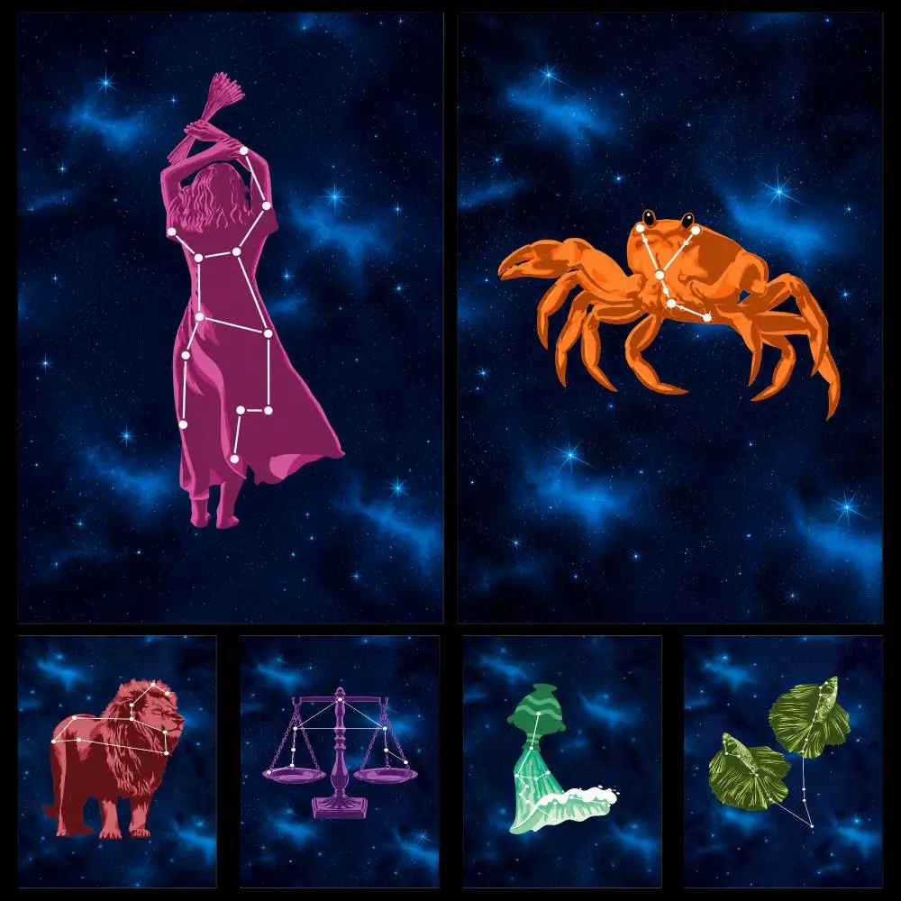 Zodiac Constellation Cosmic Graphic Aesthetic Poster PP Self Adhesive Decorative HD For Garage Gaming Room Living Room Gift
