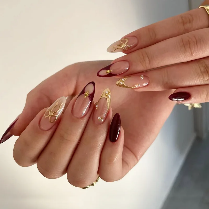 

24Pcs Gilded Bow French Design False Nails Mid-length Almond Press on Fake Nails Pearl Wearable Artificial Full Cover Nails Tips