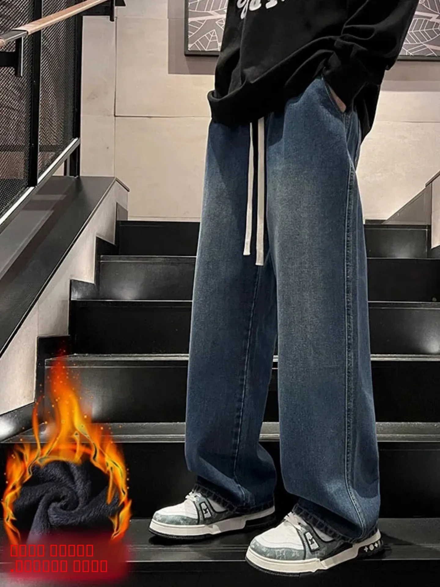

Thickened Fleece Men's Denim Jeans Autumn Winter Loose Straight Wide Leg Pants Youth Casual Wear Resistant Worn in Look