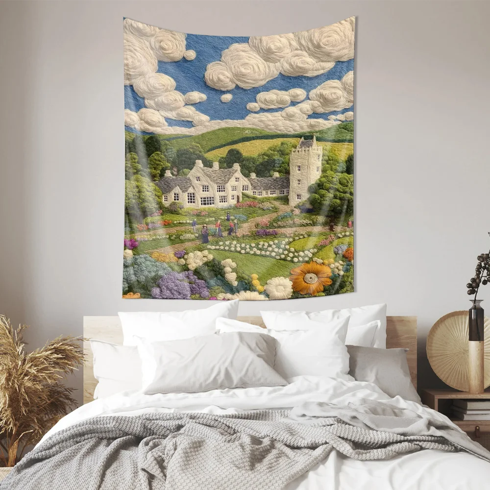 "Pastoral Landscape Embroidery Tapestry - Idyllic Countryside Scene Wall Decoration Hanging Fabric"