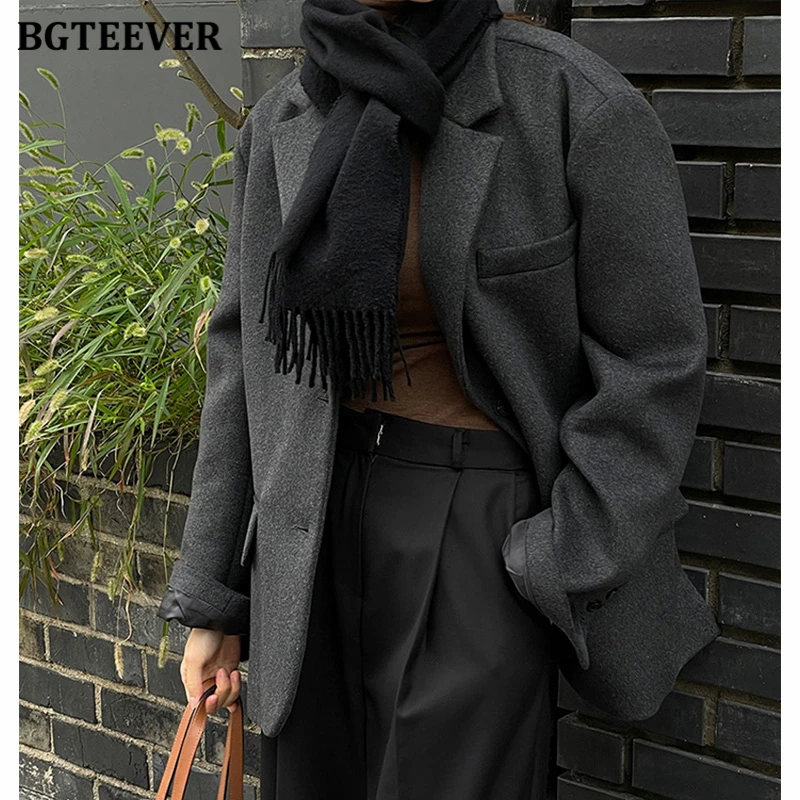 BGTEEVER Fashion Winter Thicken Warm Loose Single-breasted Female Woolen Blazer Vintage Long Sleeve Women Solid Blend Jackets