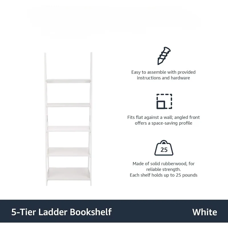 Modern 5-Tier Ladder Bookshelf Organizer, Solid Rubberwood Frame, White, 14 D x 24.8 W x 70.1 H in