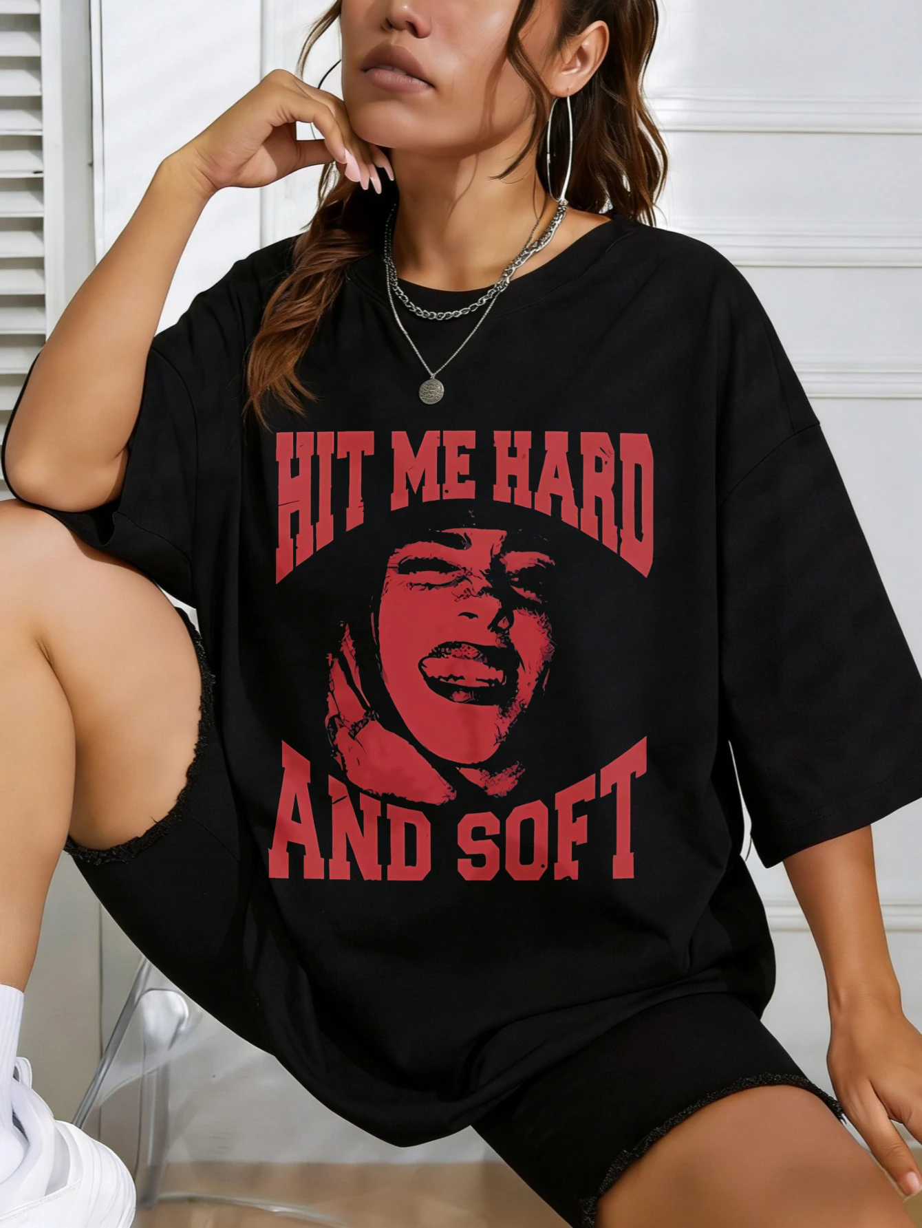 

Women T Shirts Funny BIT ME HARD AND SOFT Printed Oversized Cotton Casual Short Sleeve T Shirt for Women