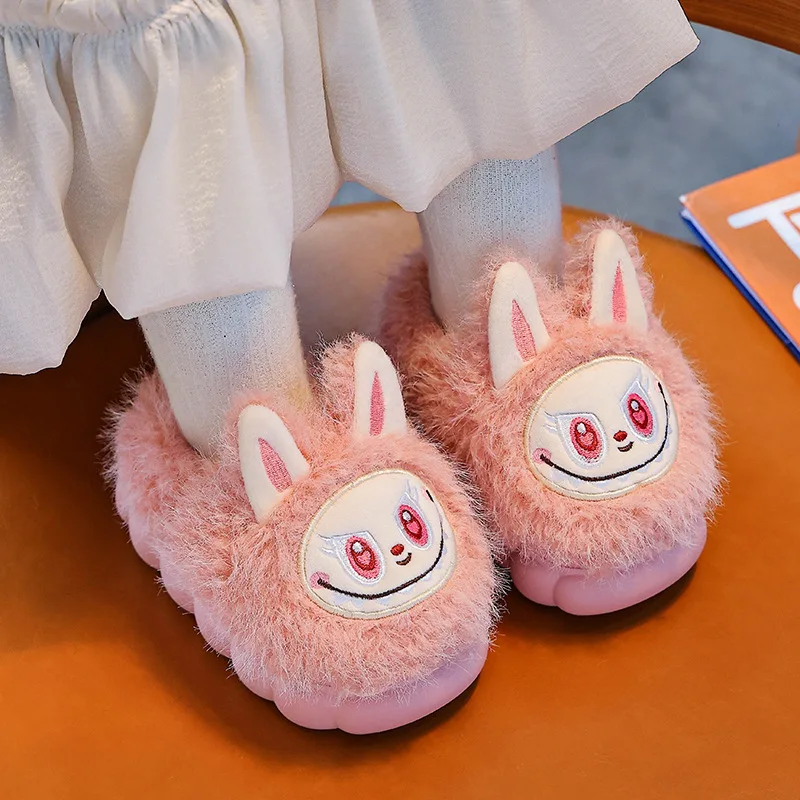 

Winter Children's Cotton Shoes 2025 Cute Warm Plush Girls Boys Slippers Faux Fur Anti Slip Flat Home Woman Slippers