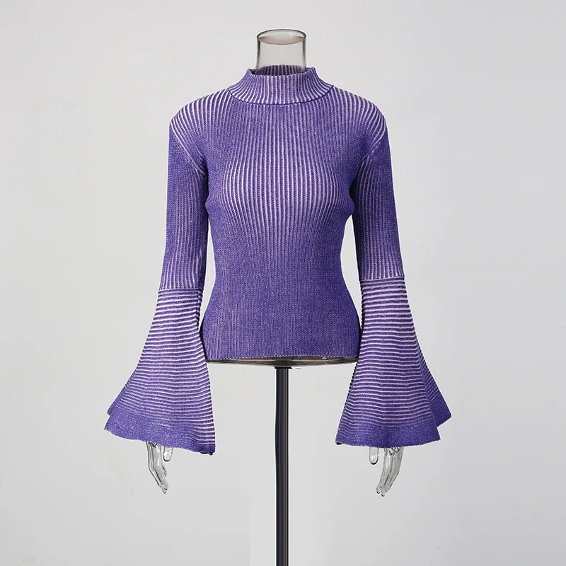 EAEOVNI Fashion Design maglione lavorato a maglia O collo manica svasata a righe streetwear camicetta top casual 2026 autunno inverno nuovi vestiti