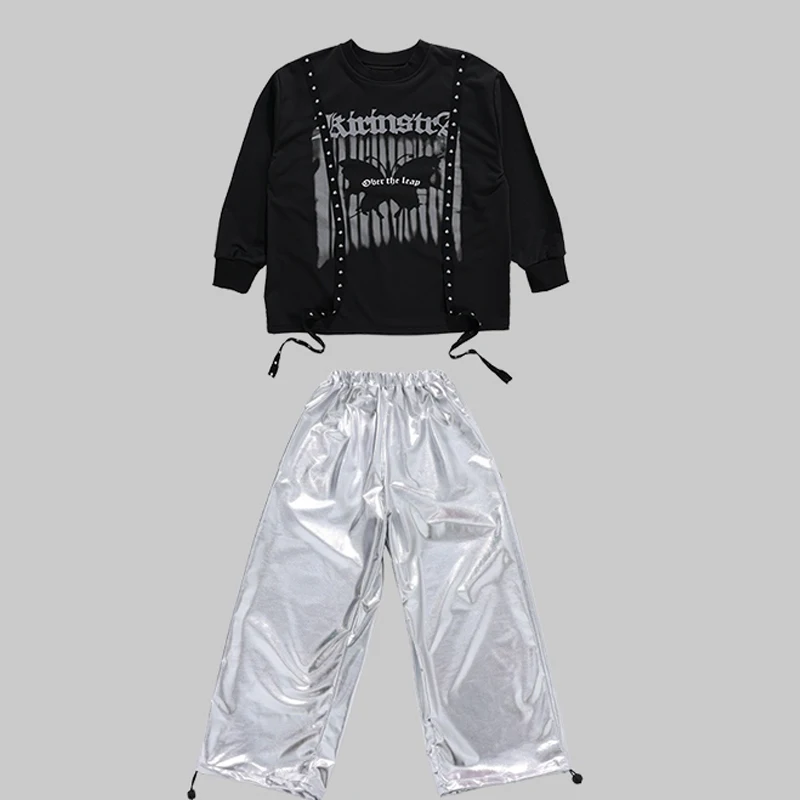 2025 子供ヒップホップダンス衣装子供のためのシルバーベストルーズパンツ衣装女の子男の子ジャズパフォーマンスステージ着用 DQS20675
