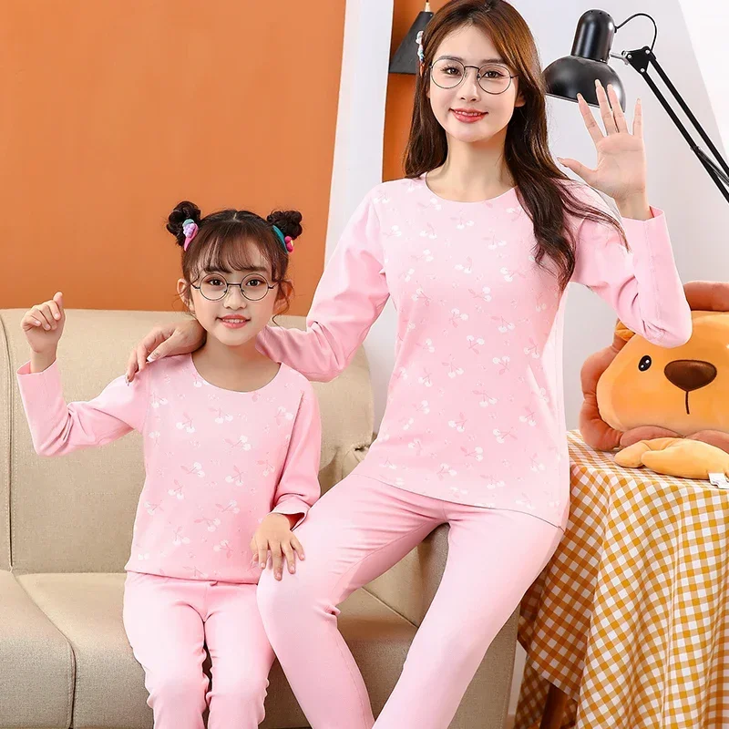 【LF】Parent-child Seamless Pajamas Set 100-180cm Jacquard Pinstripe set Thin Fleece Long Sleeve Loungewear Set for Spring Autumn