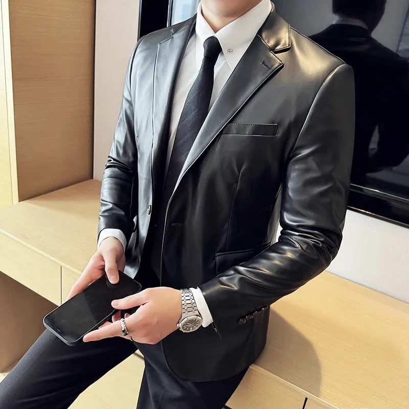 High Quality Leather Jacket Men Single Button Slim Fashion Leather Blazers Male Business Casual Suit Coats Solid PU Outwear Man