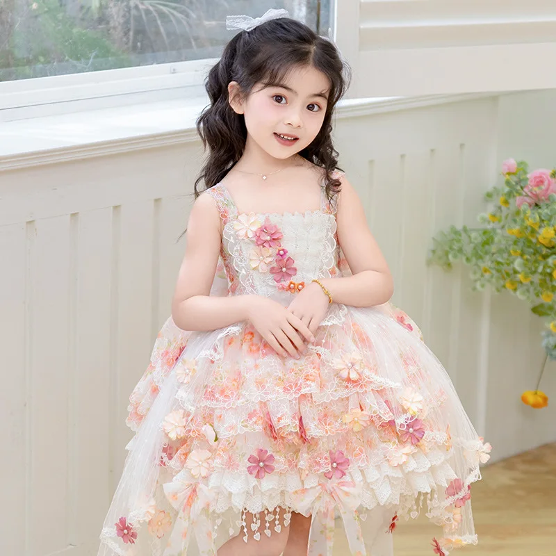 Girls High-end Handmade Three-dimensional Flower Princess Dress 2025 Spring and Summer New Baby Sweet Flower Fairy Dress