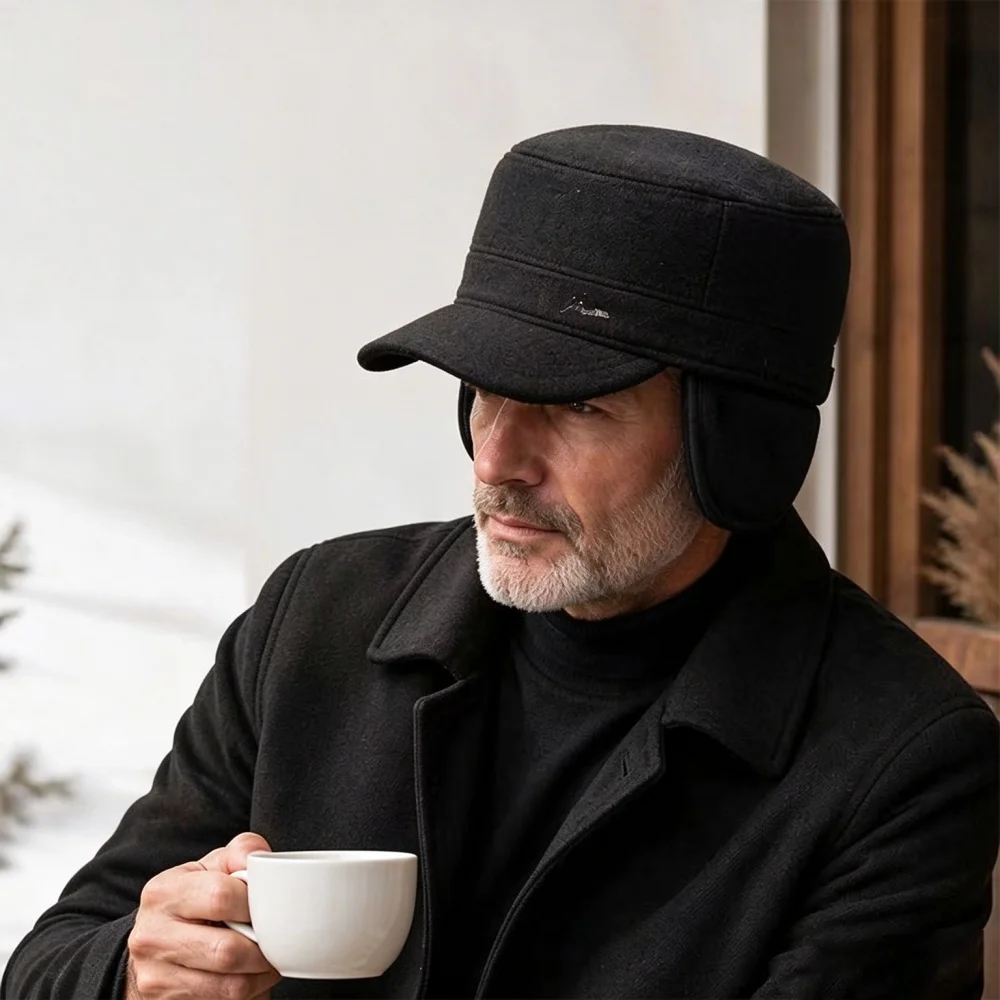 Men Winter Military Cap Thickened Warm Ear Protection Soft Top Wide Brim Male Earflap Army Hat Outdoor Cold Weather Hat