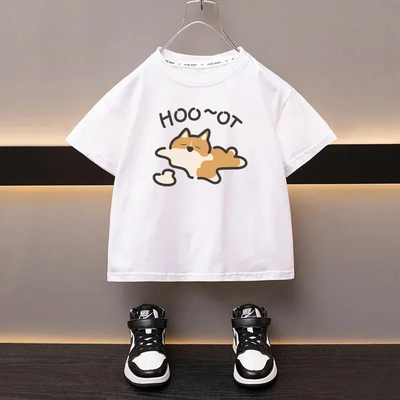 Spring Children White T-shirt 100% Cotton Printed Children's Clothing Japan Fashionable Girl's Top Boys Round Neck Tees 2024 Ne