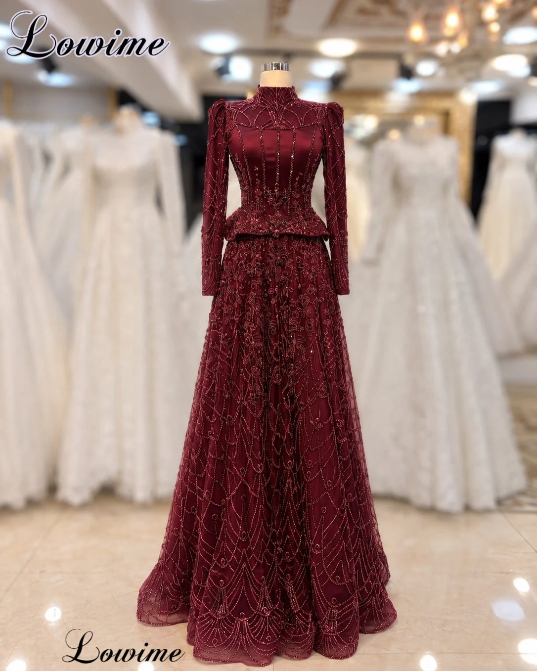 Middle East Burgundy Beaded Evening Dresses High Neck Long Sleeves Wedding Party Dresses For Women Robes De Soirée Customized