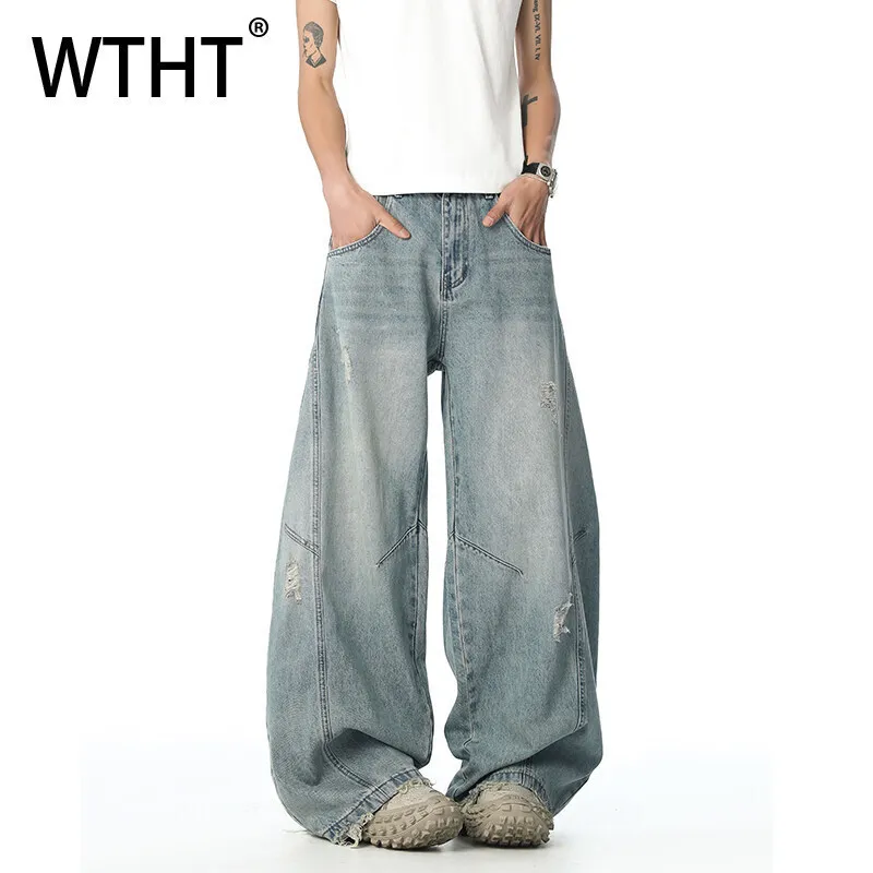 

WTHT Trendy Men's Irregular Spliced Hole Do Old High Street Denim Pants Fashion Casual Loose Straight Wide Leg Jeans Male 2A0324