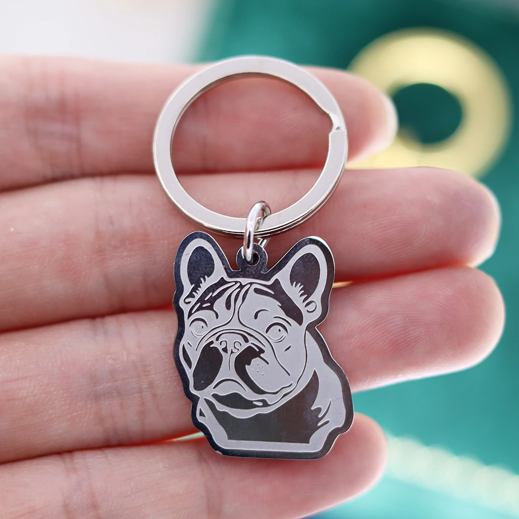 Stainless Steel Depressed French Bulldog Cartoon Pet Kids Gifts Keychain for Women Men Jewelry Car Key Bag Deco Accessories Free