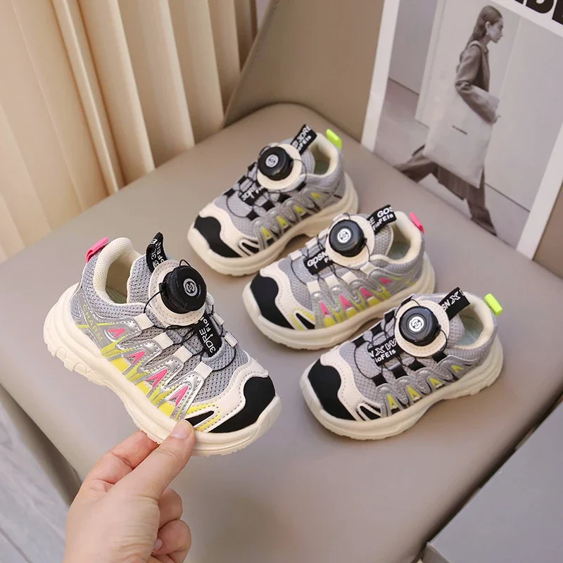 Boys Girls Sports Shoes with Rotating Button Children Sneakers Thick Soft Sole 2024 New Fashion Kids Running Shoes Non-slip