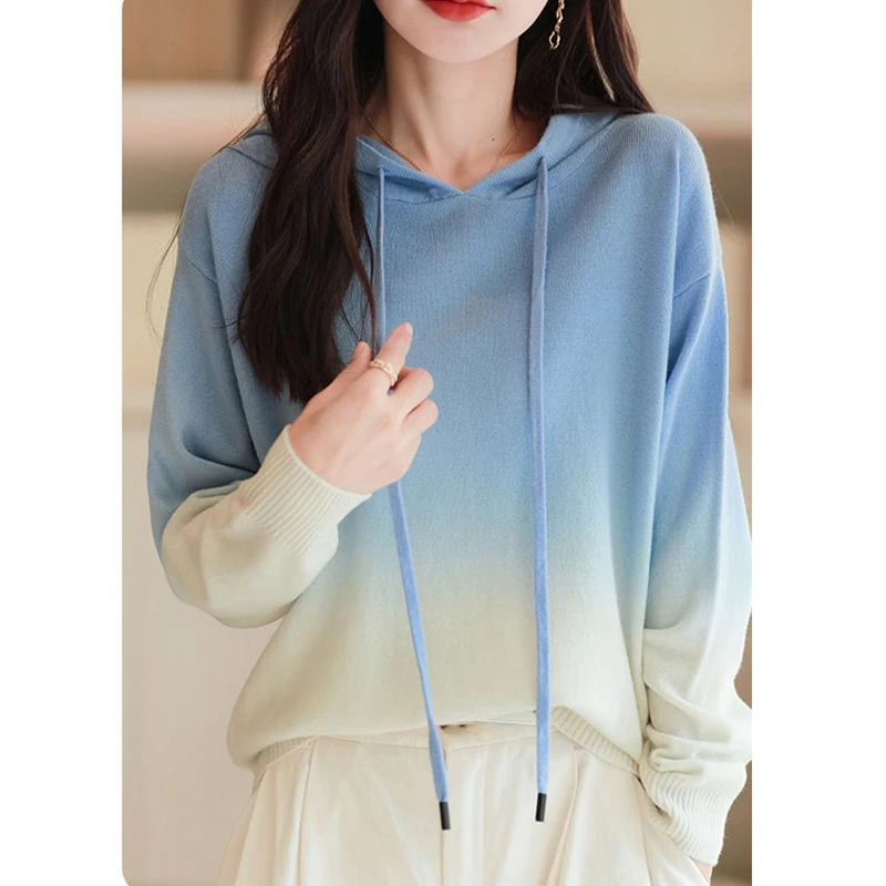Women Clothing Gradient Print Chic Sweet Hooded Knitted Sweater Simple Hoodie Long Sleeve Loose All Match Pullover Tops Jumper