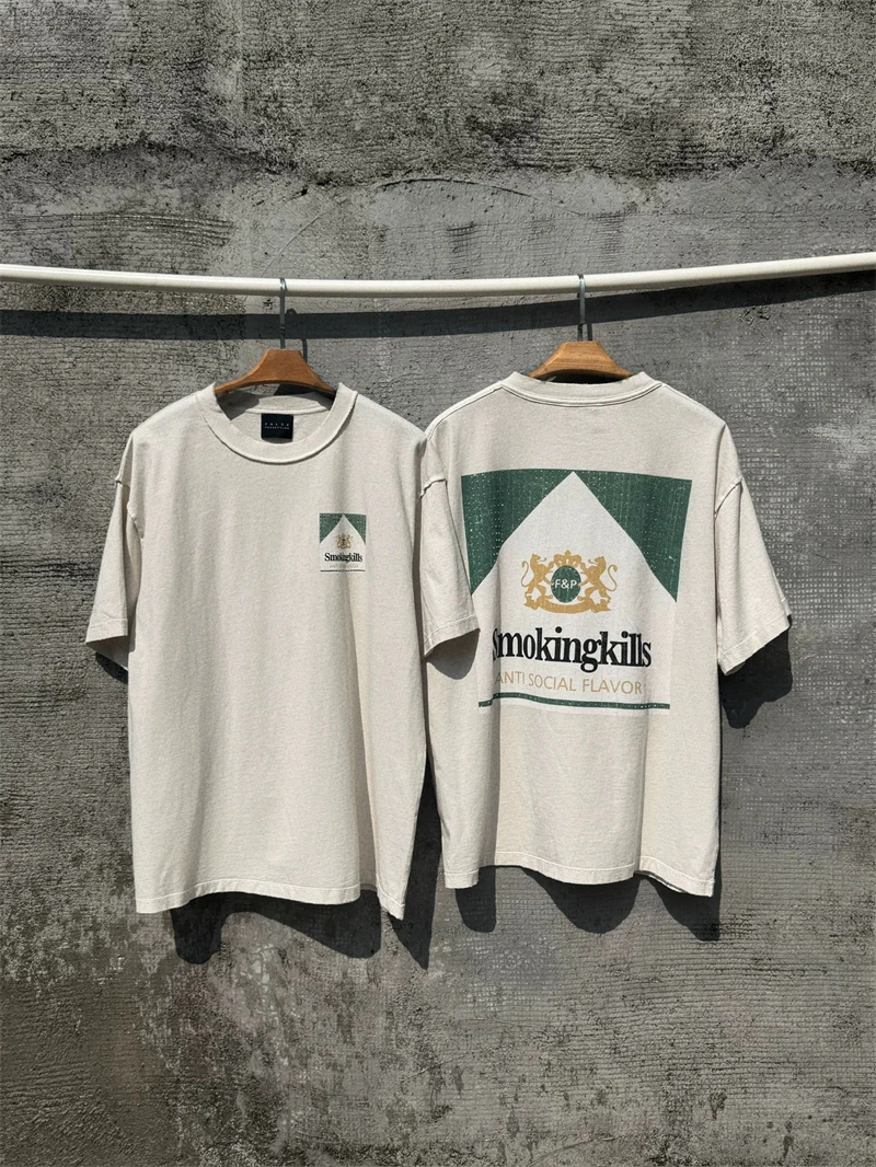 False 25SS Retro Letter Cigarette Box Pattern Printed Washed Tops High Street Casual Loose Cotton Round Neck Vintage T-shirt