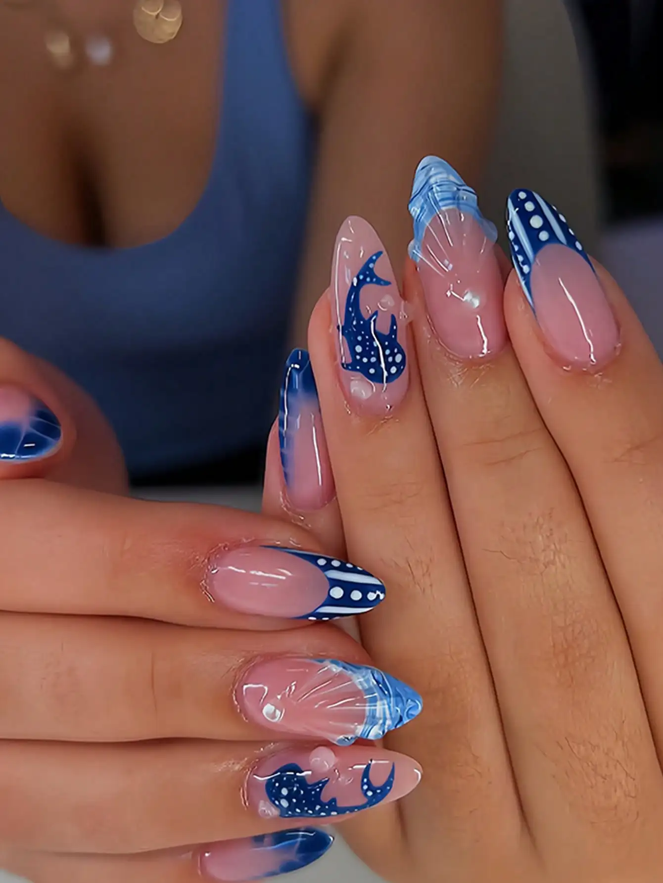 

24Pcs Medium Almond Nail Stickers, Ocean Style 3D Starfish Shell Full Cover Nails with Nail Tape