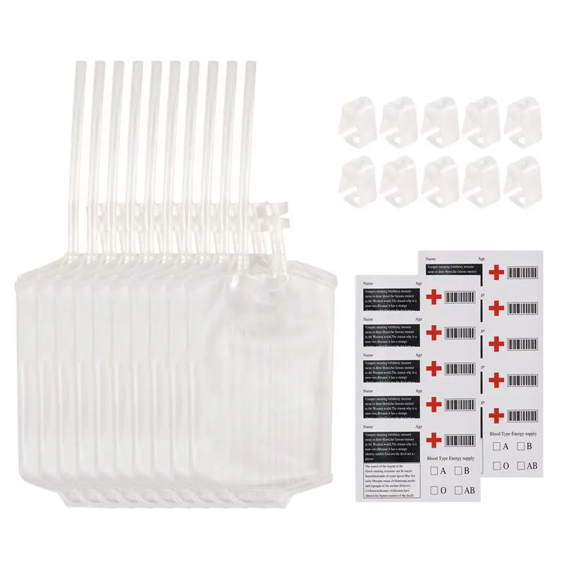 AT84-10Pcs 400ML Transparent Drink Bag With 10X Stickers Reusable Blood Energy Bag Props Halloween Decorations
