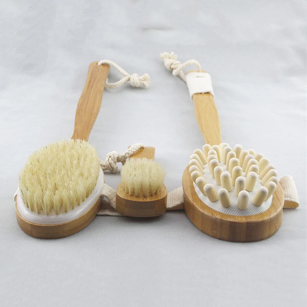 

4Pcs Natural Bristle Bath Brush Set Long Handle Body Scrubber for Back Face Feet Legs Exfoliating Skin Softening Shower Brush