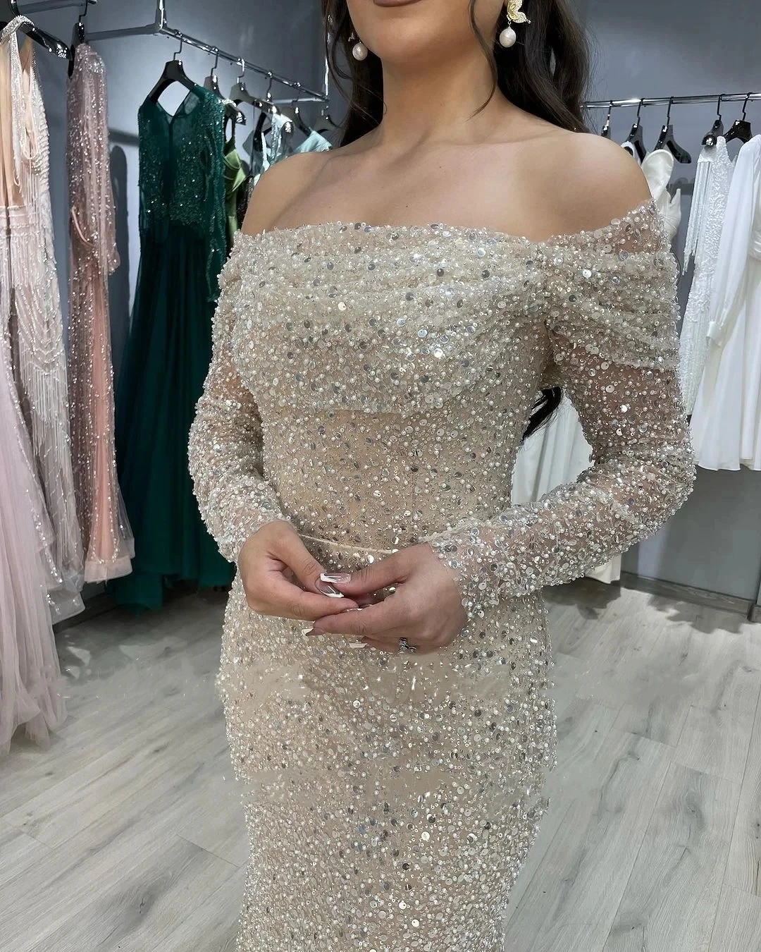 Romantic Champagne Sqeuins Beading Pearls Boat Neck Mermaid Prom Dresses Off Shoulder Saudi Arabic Evening Gowns Formal Dress