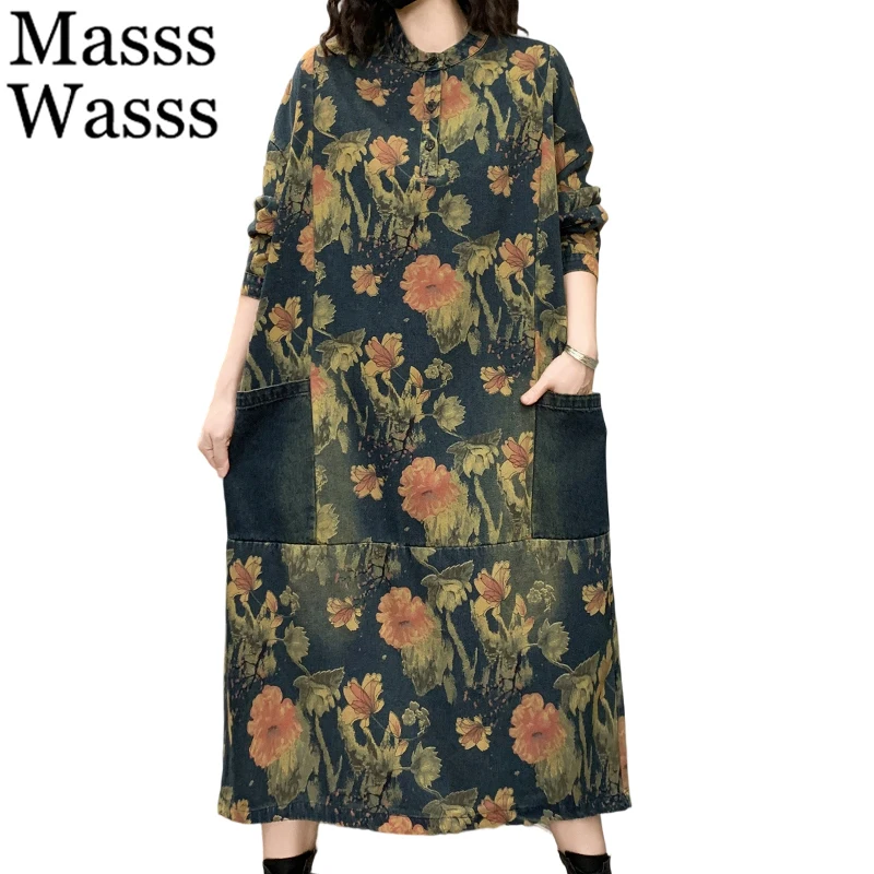 

Masss Wasss Brand 2025 Ladies Fashion Loose Leisure Printed Denim Dresses Womens Classic Vintage Floral Vestidos Elegant Clothes