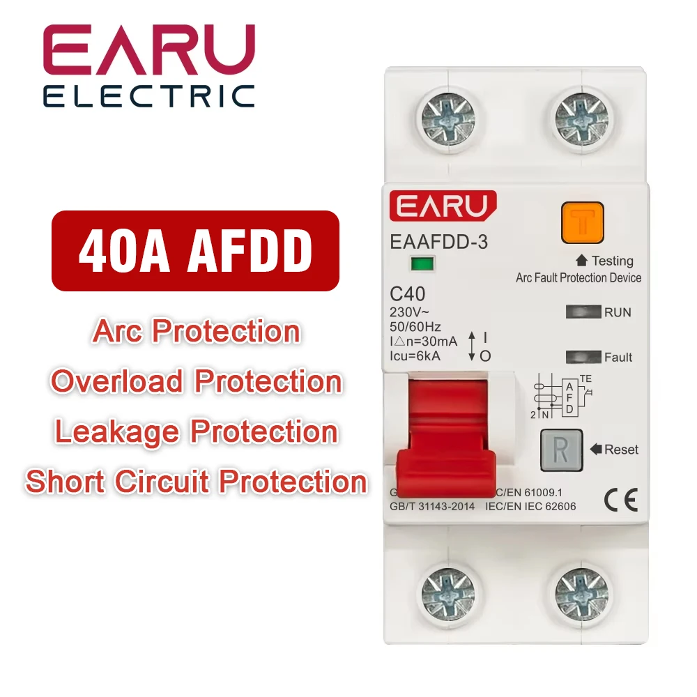 

2P 40A AFDD AFCI Arc Fault Protector Device RCBO MCB Circuit Breaker Interrupted Overload Earth Leakage Short Circuit Protection