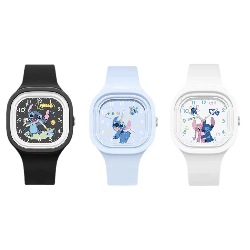 Disney Stitch Cartoon Children's Watch for Boys and Girls, Square Silicone Strap, Quartz Wrist Watch, Birthday Gift