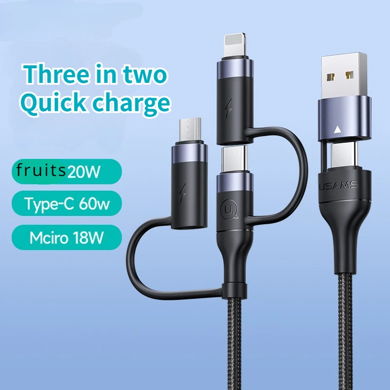 USAMS 3in2 USB Cable for Phone 14 13 12 11 Pro Max 100W Type C PD Fast Charging Cable for MacBook Pro Pad Samsang USB C Cable