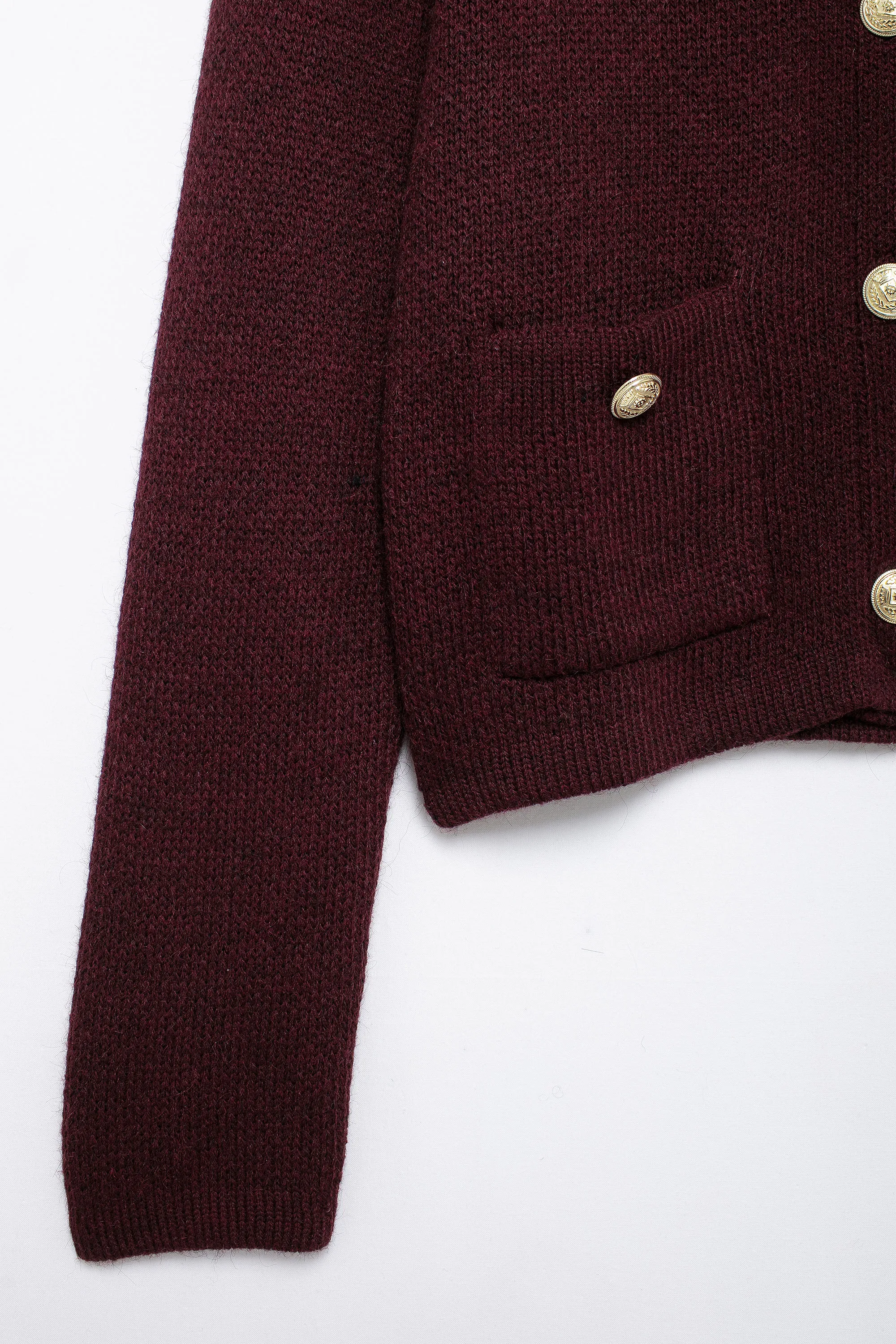 Gold-Breasted Knitted Jacket Round Neck Long Sleeve Burgundy Sweater