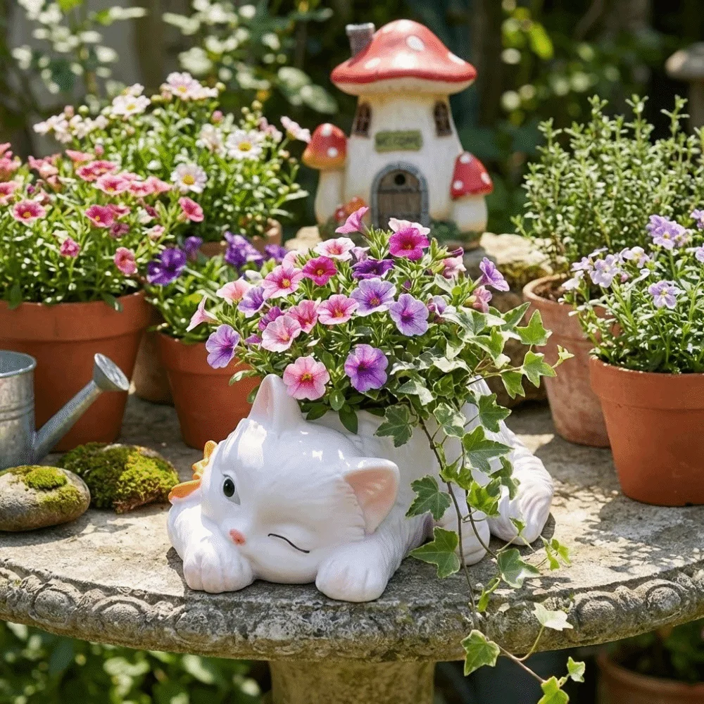 Ornament Resin Cat Succulent Flowerpot Cartoon Cat Multifunction Succulent Planter Creative Decorative Planter Balcony