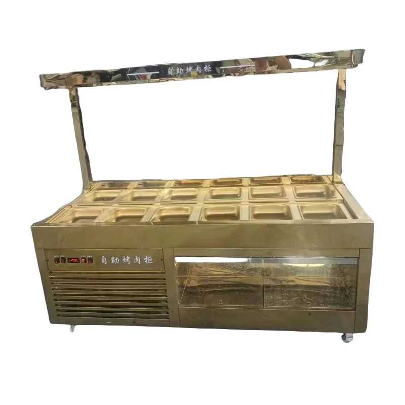 ثلاجة عرض أفقية مبردة بالهواء لشواية أسياخ الوعاء الساخن - مثالية لعرض توابل اللحوم الطازجة على طراز البوفيه