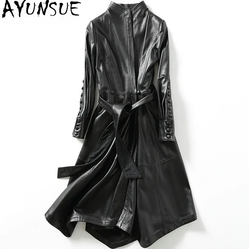 

Long AYUNSUE Genuine Jacket Women's Trench Coat Belted Lady Windbreaker Outwear Real Sheepskin Black Trenchcoat Overcoat Female