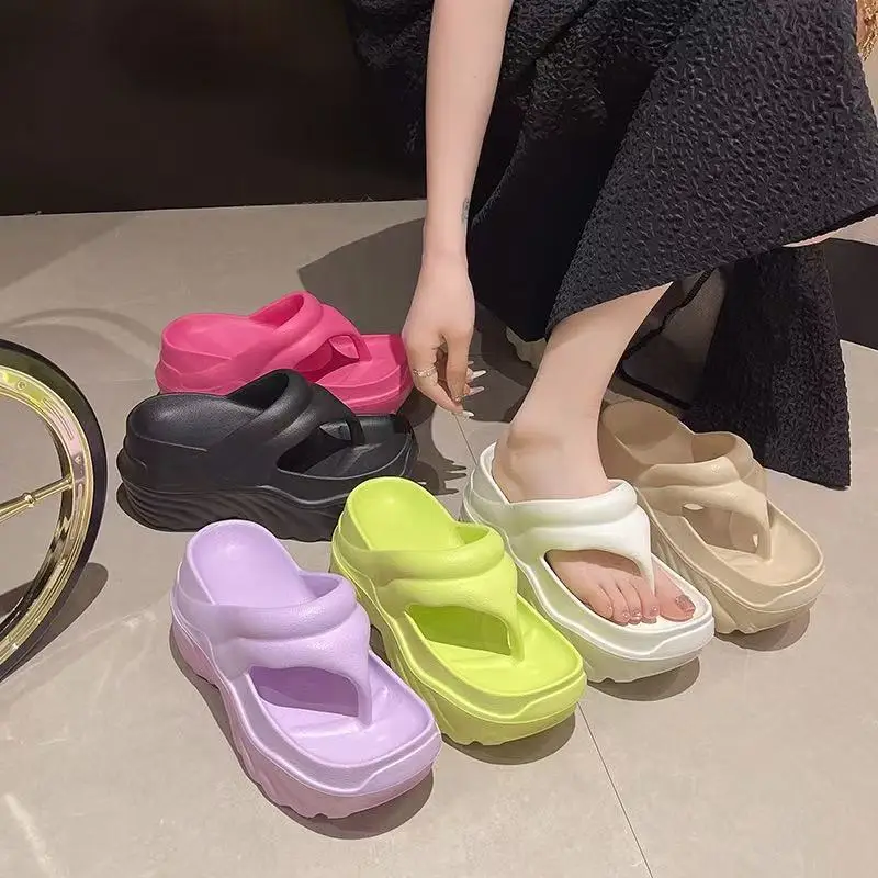 

Summer Women's Flip Flops Anti-Slip Sponge Wedge Clip Toe Slippers Thick Base Step-In-The-Mud Feeling Outer Wear High 9CM Hee