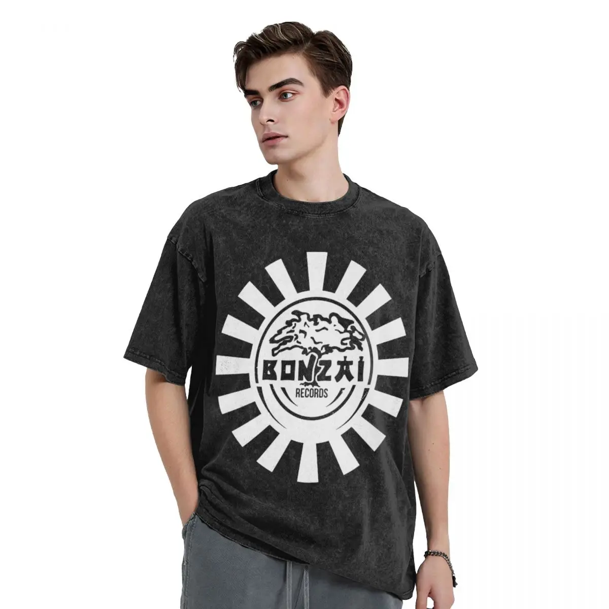 Bonzai Records T Shirt Hip Hop Washed Short Sleeve High Street T-Shirt Retro Men Women Tops Streetwear Printed Tee Shirt