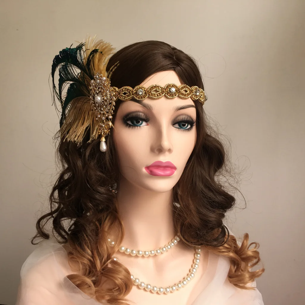 Gatsby Feather Headband for Woman Shiny Rhinestone Gold Beaded 1920s Gatsby Inspired Leaf Medallion Headband Forehead Decoration