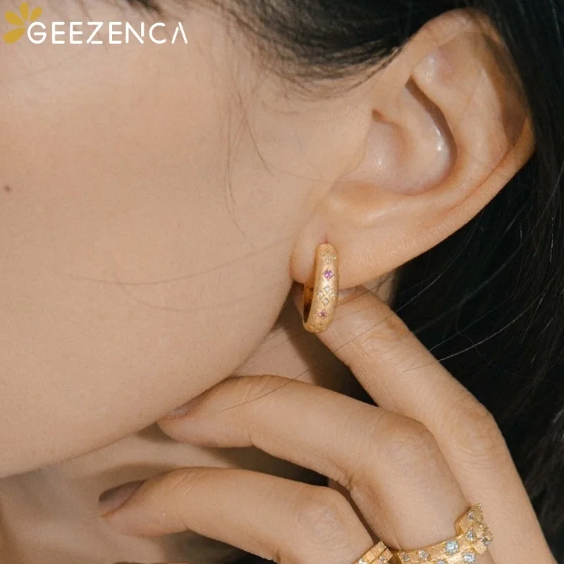GEEZENCA 925 Silver 18K Gold Red Cubic Zirconia Brushed Huggie Hoop Earrings Clearance Limited Stock First Come First Get
