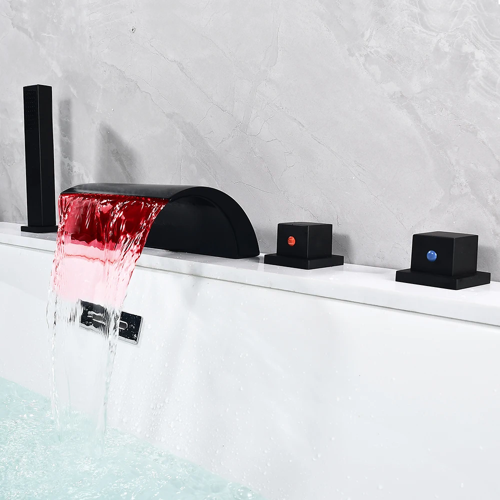 Ensemble de robinets de salle de bains noirs avec lumière LED, mitigeur de baignoire à 2 voies, cascade et robinet de douche à main pour salle de bains moderne