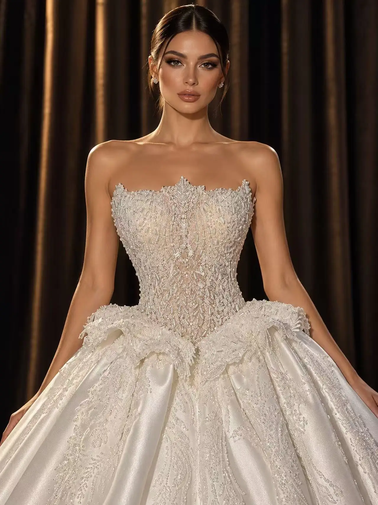 Luxury Strapless Ball Gown Bridal Gown Beaded Lace Corset Satin Wedding Dress Cathedral Train Custom Made