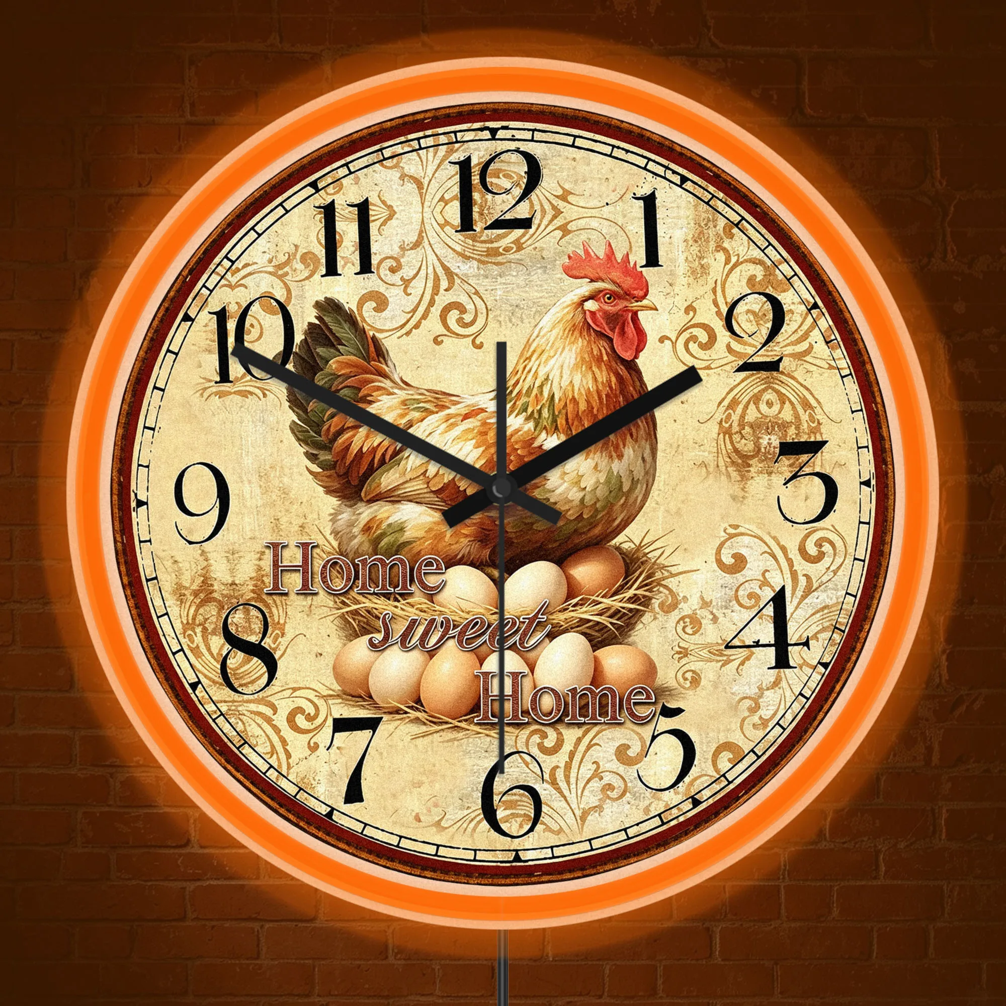 Vintage Chicken Nest Eggs Home Sweet Home Wall Clock Rustic Farm Hen Illuminated Sign Warm Country Farm Vibe LED Neon Wall Clock