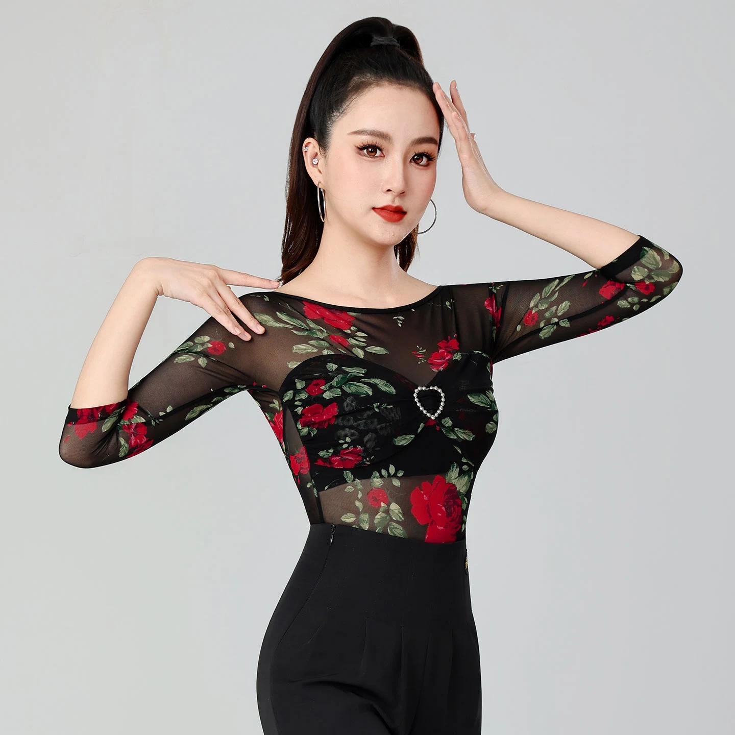 New Mesh Perspective Print Jumpsuit Ballroom Dance Modern Dance Top Women Chacha Rumba Tango Dress Latin Dance Costumes DN21159