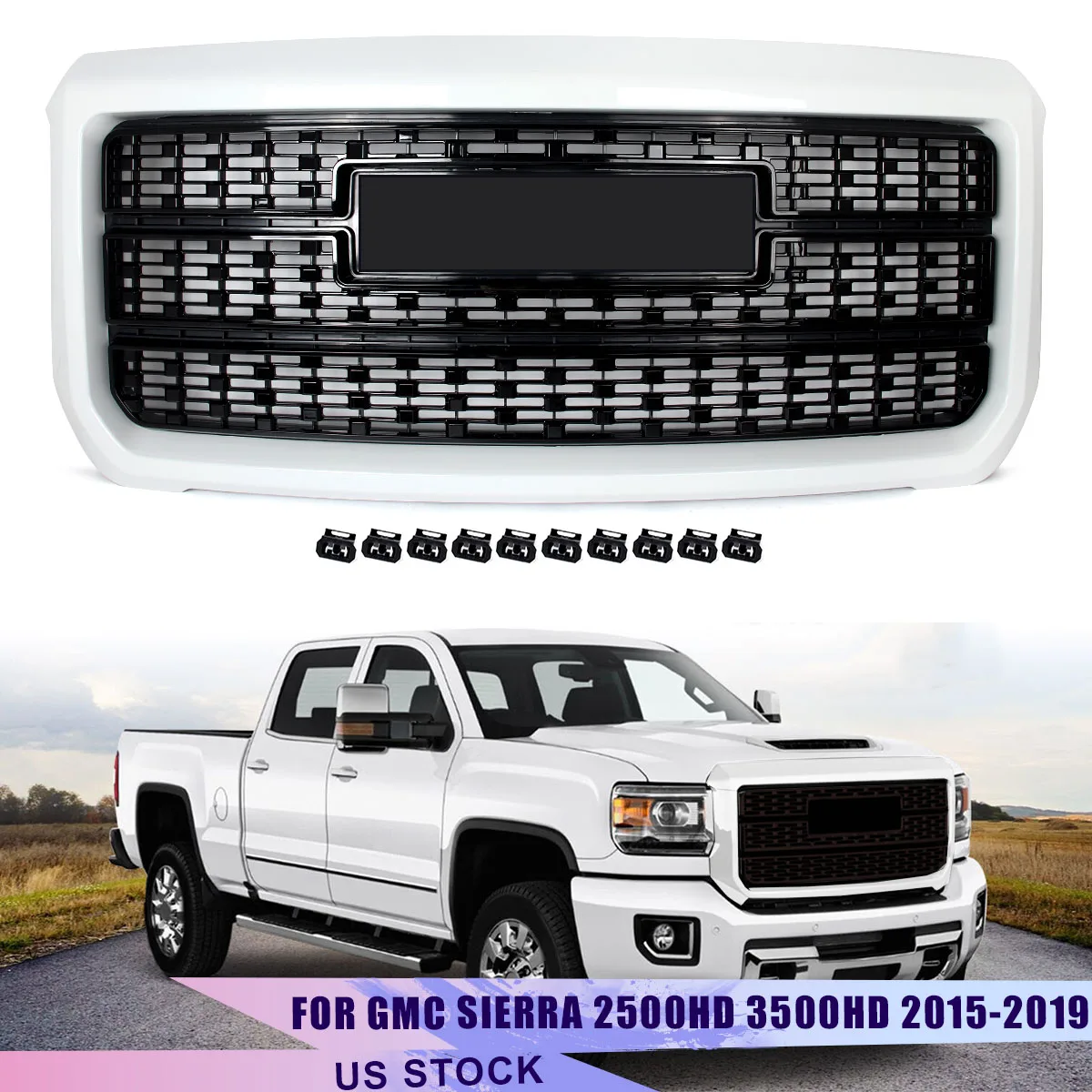 Grille Modify For 2015-2019 GMC Sierra 2500HD 3500HD Front Grille Bumper Upper Hood Grille Honeycomb Grills Auto Exterior Kit