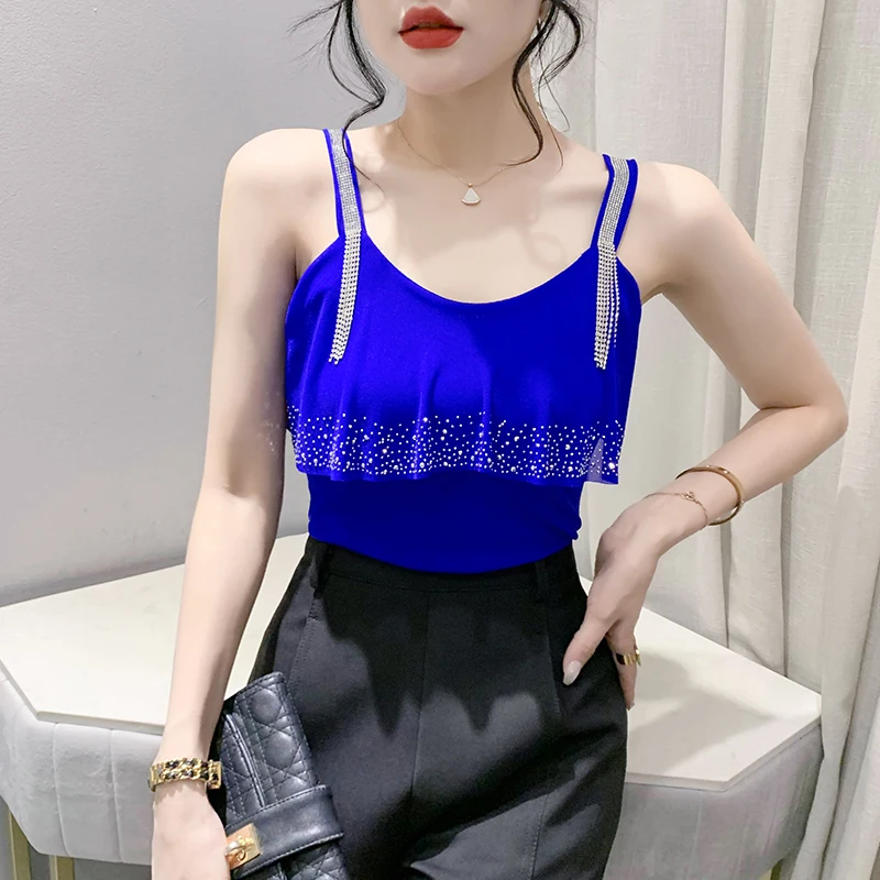 MadBlack Summer European Clothes Tank Tops Female Sexy Shiny Tassel Ruffle Hot Drill Chic Slim Camis Sleeveless Vests T36208JC